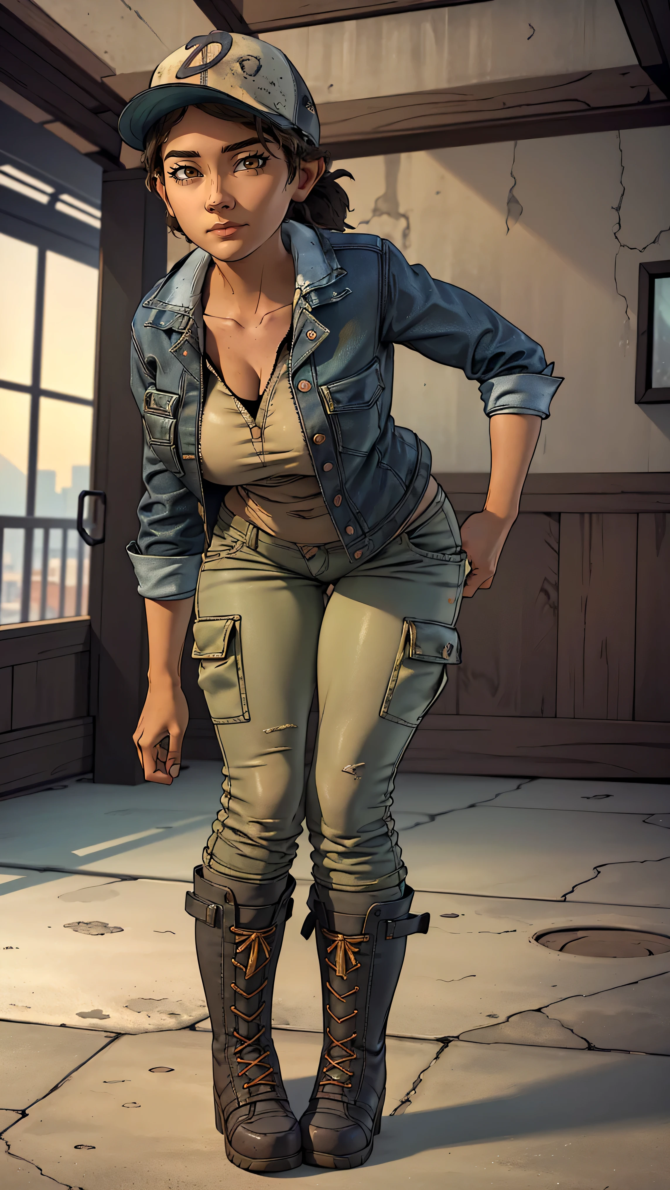 ((masterpiece, best quality)),(complex lighting) ,solo,(((1girl))) ,clementine, light skin,light-skinned female, baseball cap, green cargo pants, brown eyes, tight pants, combat boots, shirt, short hair, one short ponytail, open denim jacket, huge butt, thicc butt , (((8k))), (((full body))), (((bent over))), (((looking at the viewer))), (((view from in front of her))), big breasts