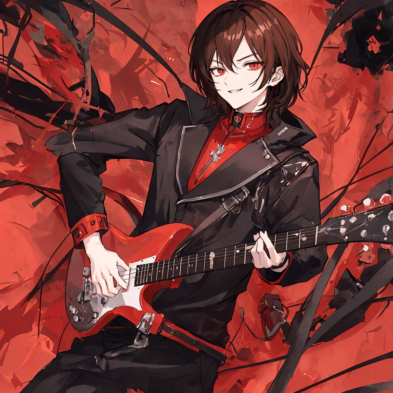 masterpiece, Best quality, Best quality, masterpiece, a high resolution, focus, anime style, black electric guitar, evil smile, BOY, Anime man, Brown eyes, brown hair, Kare, metal worker, black and red design, avatar for discord