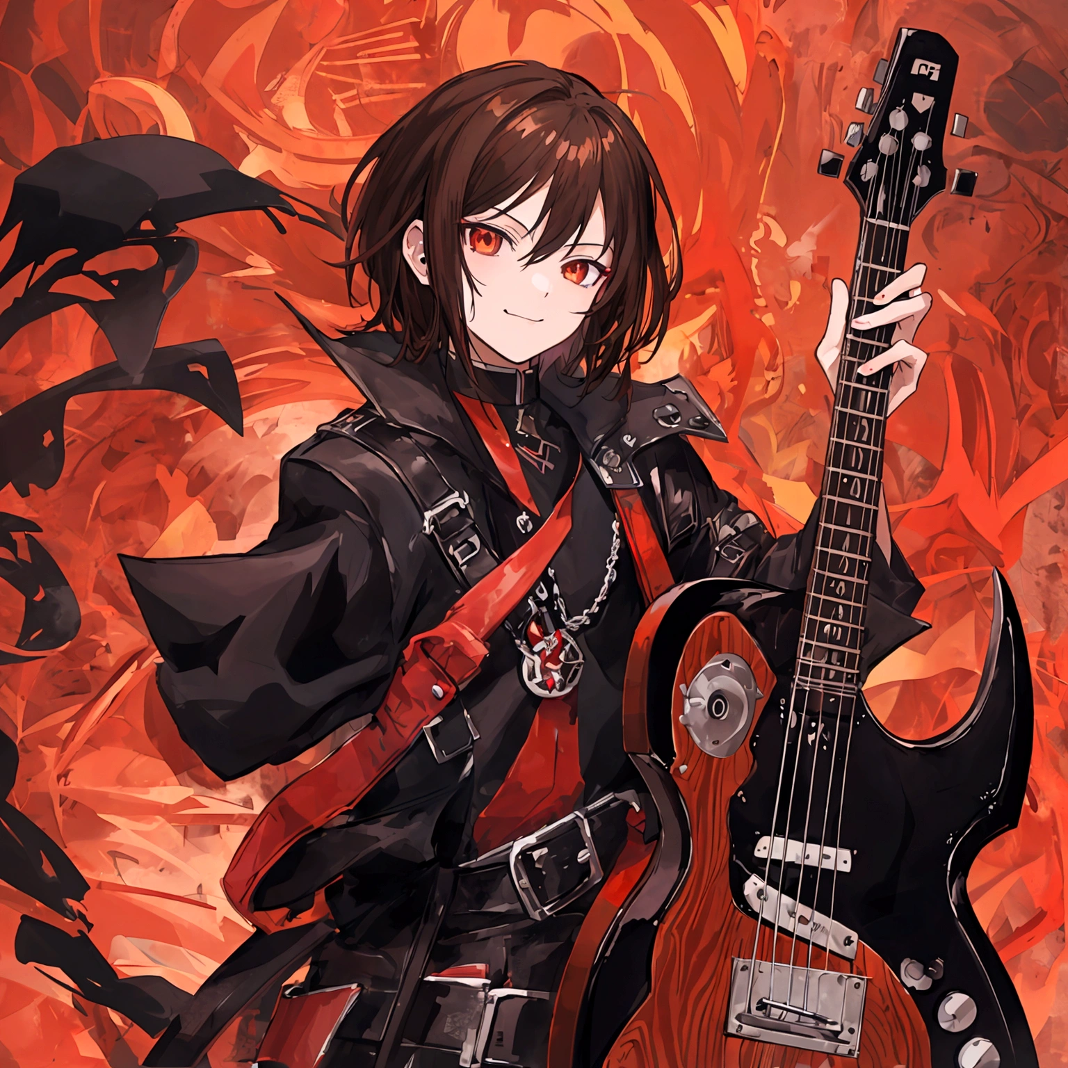 masterpiece, Best quality, Best quality, masterpiece, a high resolution, focus, anime style, black electric guitar, evil smile, BOY, Anime man, Brown eyes, brown hair, Kare, metal worker, black and red design, avatar for discord