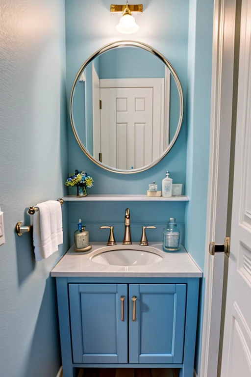 Closeup of bathroom counter with room for small blue box