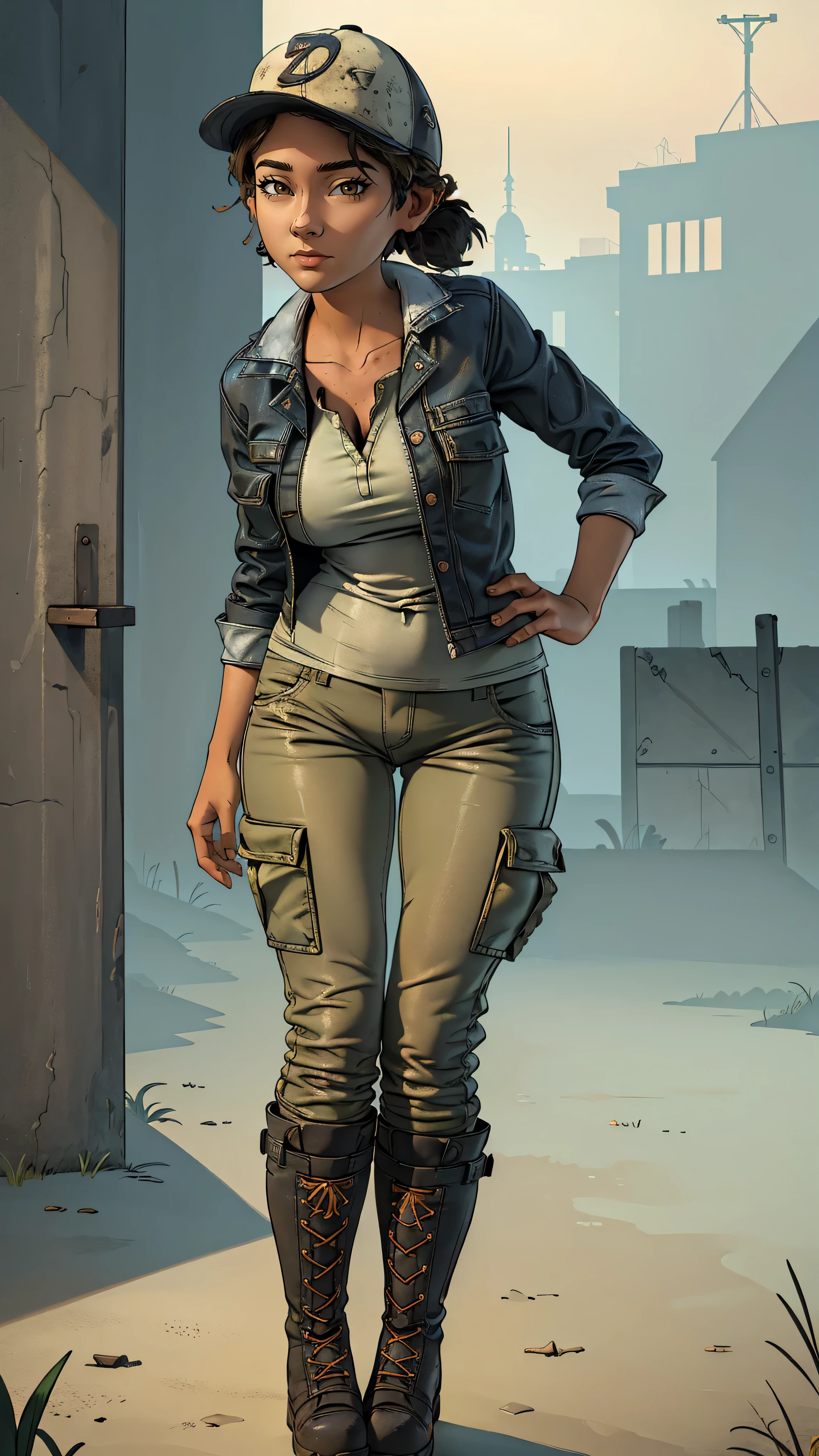((masterpiece, best quality)),(complex lighting) ,solo,(((1girl))) ,clementine, light skin,light-skinned female, baseball cap, green cargo pants, brown eyes, tight pants, combat boots, shirt, short hair, one short ponytail, open denim jacket, huge butt, thicc butt , (((8k))), (((full body))), (((bent over))), (((looking at the viewer))), (((view from in front of her))), big breasts