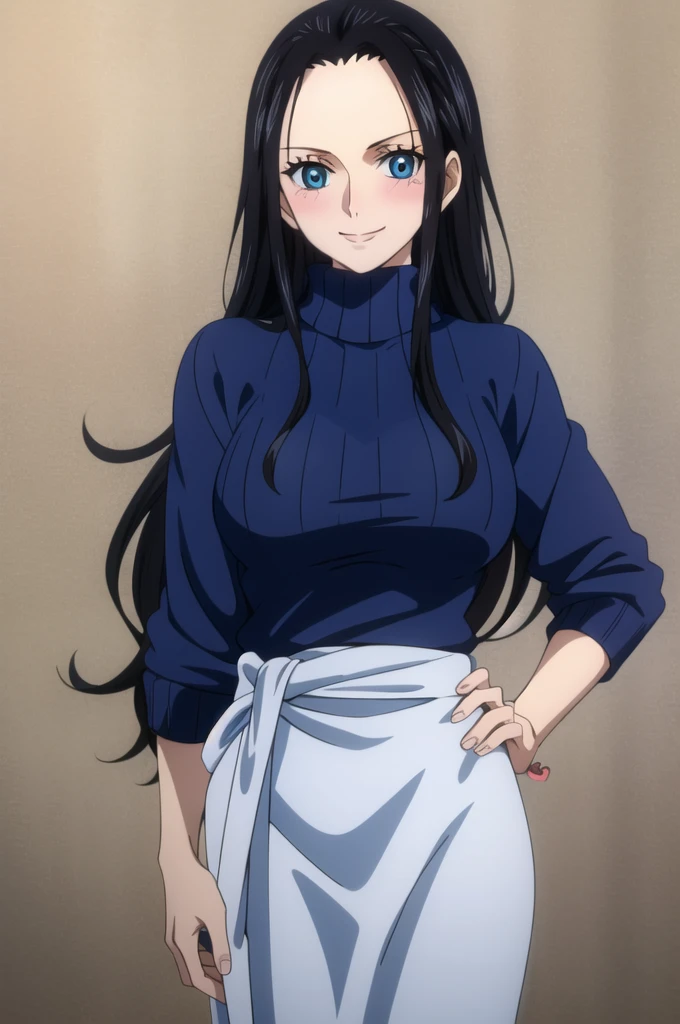 (Masterpiece), high quality, best quality, extremely detailed eyes, extremely detailed body, blush, highly detailed, Nico robin, one piece, black hair, blue eyes,  looking at viewer, long hair, blush, large breasts, 1girl, forehead, solo, long hair, smile, upper body, blue sweater, hand on hip, turtleneck, eyewear on head, ribbed sweater