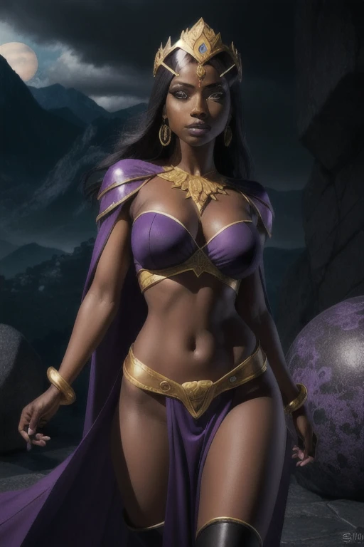 `(best quality,4k,8k,highres,masterpiece:1.2),ultra-detailed, (Detailed face:1.2), (Detailed eyes:1.2), (Perfect figure:1.2), (realistic,photorealistic,photo-realistic:1.37), Fantasy style, Fantasy setting, solo, 1girl, 25 year old woman, sorceress, (Dark skin:1.5), purple hair, wavy hair, long hair, purple eyes, mascaras purple eyeshadow, smile, purple lipstick, tattoos, medium breasts, waist, slender legs, attractive body, slim figure, perfect shape, (Wearing: golden headpiece, purple strapless top, purple loincloth, pelvic curtain, golden armlets, golden knee-high boots:1.2), both hands glowing bright purple, purple magic, bright purple sparks in both hands, expressive expression, dark and mysterious aura, complex eye makeup, mystical energy radiating from her hands, electric blue orbs swirling around her, beautifully contoured face, fierce and confident posture, dark and dramatic lighting ,ethereal and magical atmosphere, vivid colors, intense purple and magenta color palette, studio lighting, HDR effect, striking contrast, surrounded by floating purple orbs, emissary of the Dark Skin, light shining through the spaces between orbs, majestic and powerful presence, highly detailed costume with intricate designs, individual spheres spinning at different speeds, translucent orbs emitting purple sparks, tracing of rays throughout the scene, illuminating the woman's silhouette with a mesmerizing glow, breathtaking visual effects, impressive level of detail in every element, painting-like texture with fine brushstrokes, emphasis on texture and depth, realistic rendering of the woman's facial features and shadows, photographic level of realism, captivating and enchanting portrait, impressive level of realism and detail in the woman's eyes and expression, attention to every intricate detail, meticulously crafted artwork`. (Background: Outdoors, stone temple, on top of a mountain, dark clouds in the sky, isolated tone, gorgeous view of the mountains)