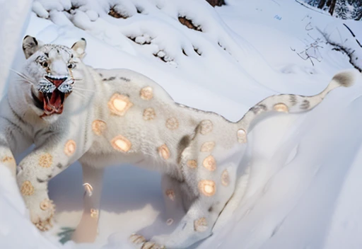 A giant white leopard, (((with 3 long fangs))), snow land, uhd, 12k, photography, Professional photo realistic nikon, masterpiece, ultra realistic, raw photo