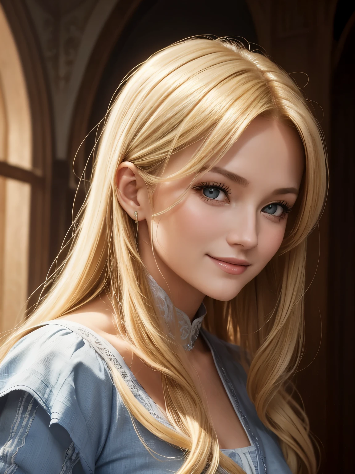 Девушка blonde кудрявые волосы 1450 год средневековье. medieval. portrait. High quality. dramatic lighting. masterpiece. European woman. soft and kind look. Beautiful face. play of light. tender look. blonde. kind smile. молодое Beautiful face. portrait. cute face. collected hair. Jane Seymour