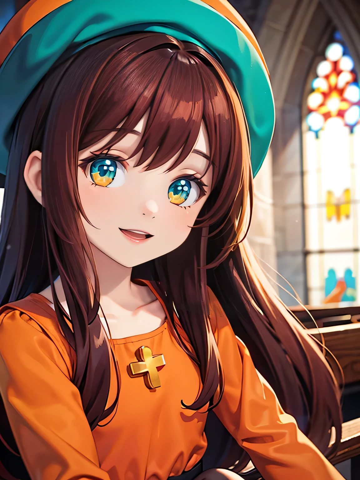 Burgundy hair, long hair, , orange dress, black tights, cyan eyes, bangs, orange hat, church, portrait, closeup, small, short, lol, happy