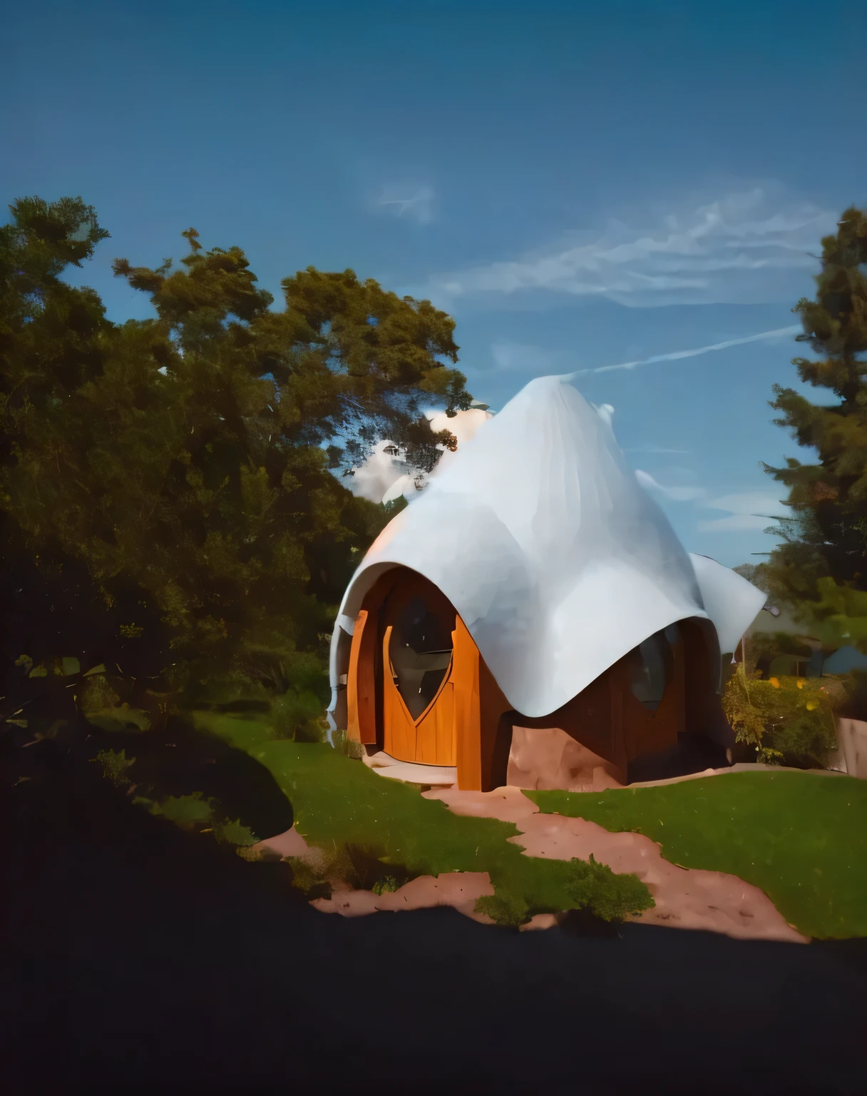 amazing modern architecture of small single dome house with a organic roof building natural house gaudi style by earthbag dome design, rock foundation on base, rustic mud stucco, new mexico rustic plaster santa fe stuccoon wall and roof, gnomo hat roof shape, long eaves, symetric windows and doors, tropical bali garden style, clear sky, there is a small house with a white roof and a wooden door, waved roof, star roof, organic architecture, domespace, seashell house, viewed in profile from far away, 3/4 view, 3 / 4 view, alternate angle, futuristic house