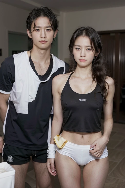 Night,A boy and a girl standing together,In university dormitories,Long-range shooting,(Original Photography:1.3),athlete,1 Girl, Perfect body, Beautiful face,Very detailed details of the face,Messy black hair, Smart eyes,Sweating,Cleavage,Sexy bulge,Track and field wear, sports Shorts,Long legs,sports shoes,Soaked,Standing,