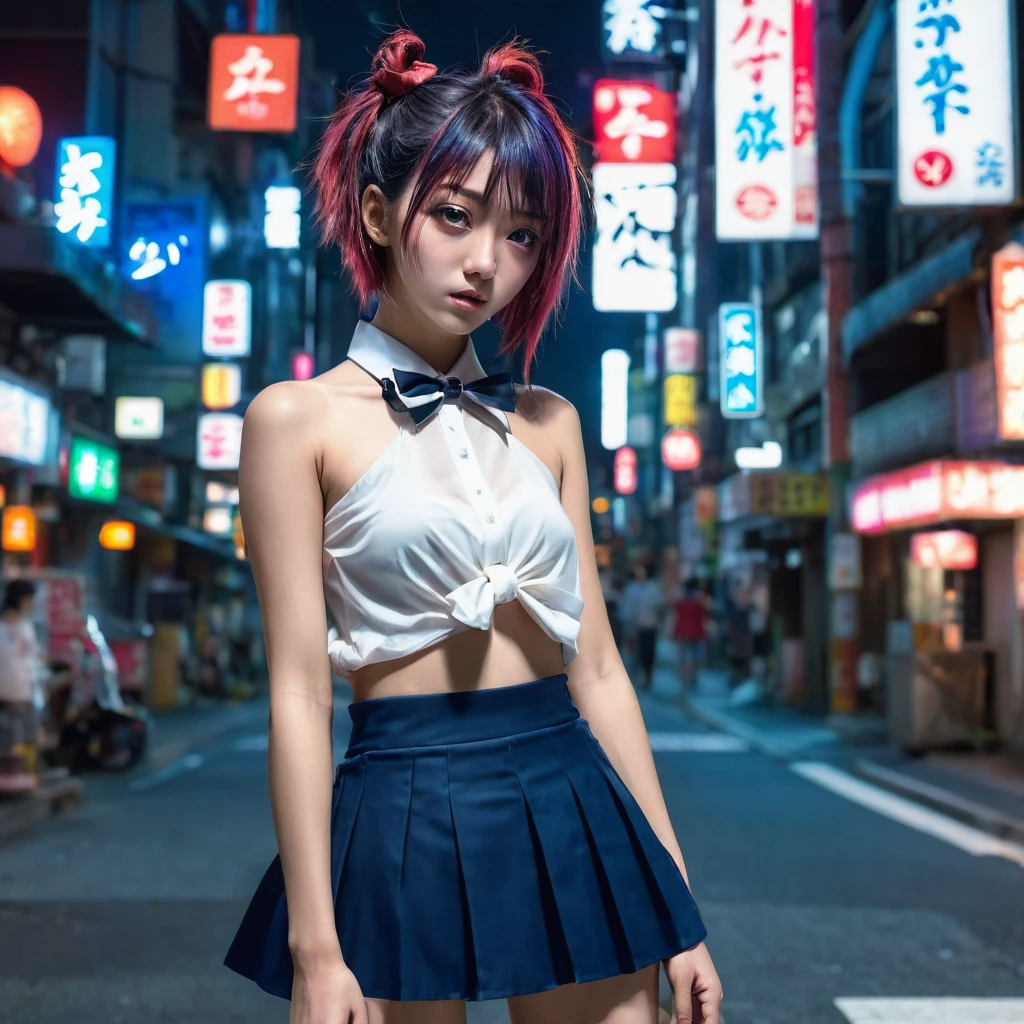 (8k, RAW photo, masterpiece:1.3), (realistic, photo-realistic:1.37), (night), (looking at viewer:1.331), (bloody hair), posing, Tokyo street, nightcityscape, cyberpunk city, soft light, topless russian girl, extremely beautiful face, bust, put down hands, Random hairstyle, Random expression, big eyes, lower abdomen, (short-sleeved .JK_shirt), JK_style, (dark blue short JK_skirt), (bow JK_tie), mix4., best quality