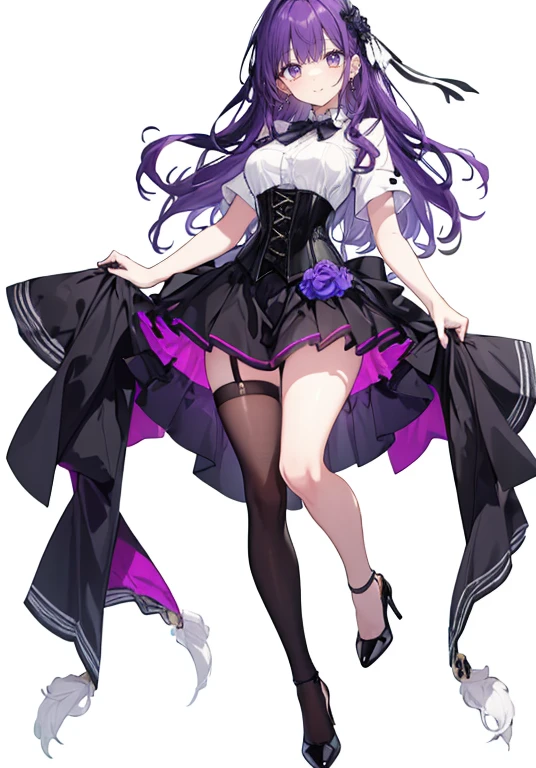 Purple Hair,Long Hair,Adult female,White Y-shirt,((Roll up her sleeves)),(corset),(Black tight skirt),(High heels),((A simple, blank white background)),smile,((full body)),((whole body)),