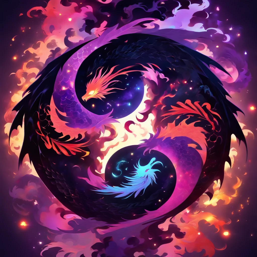 Make a ying and yang symbol and replace the two dots with two zeros. Make a dragon on the dimple side and a phoenix on the light side. Include the colors purple, red and black. 