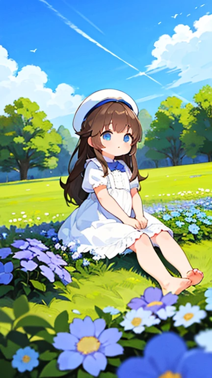 1 girl, white frill dress, blue flower field, sunlight, blue sky, summer, white beret, brown hair, blue eyes, princess long hair, short height, she sits barefoot on flowers,