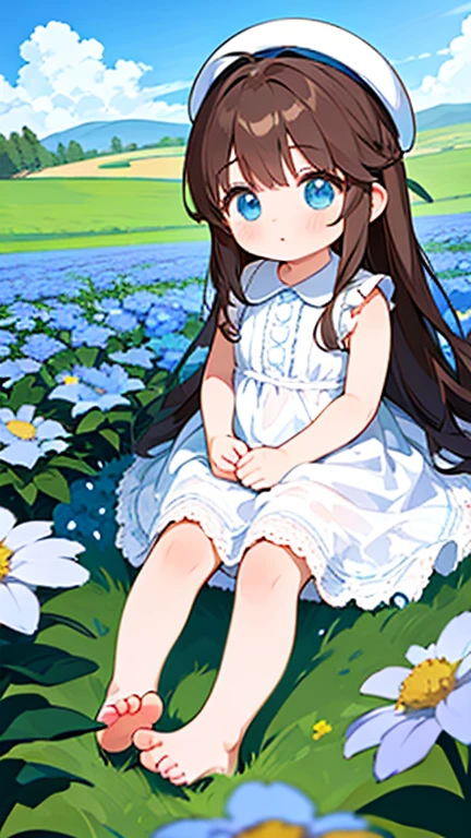 1 girl, white frill dress, blue flower field, sunlight, blue sky, summer, white beret, brown hair, blue eyes, princess long hair, short height, she sits barefoot on flowers,