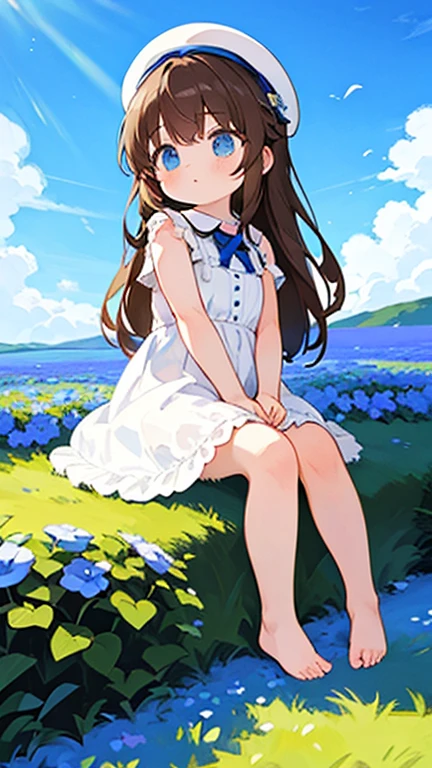 1 girl, white frill dress, blue flower field, sunlight, blue sky, summer, white beret, brown hair, blue eyes, princess long hair, short height, she sits barefoot on flowers,