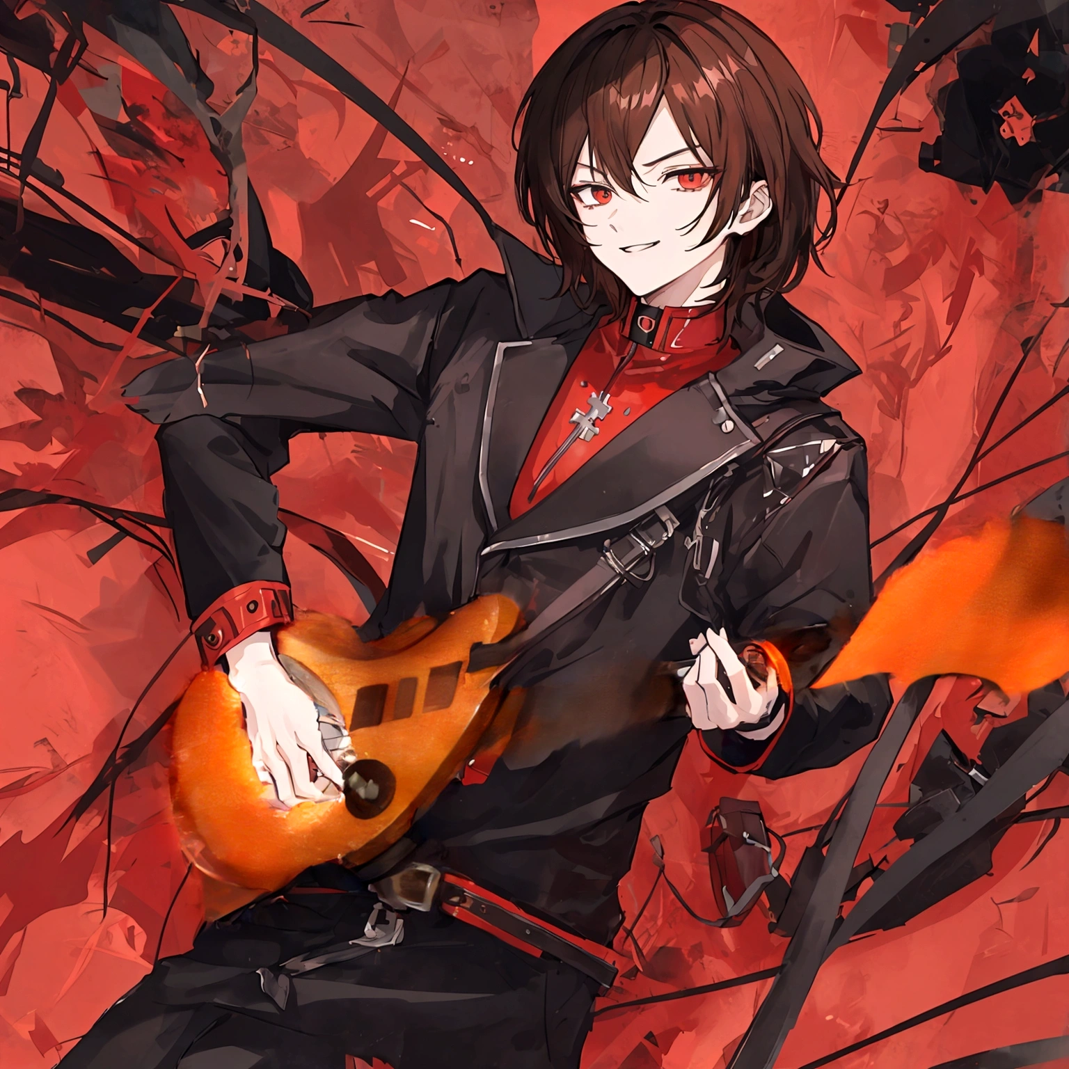 masterpiece, Best quality, Best quality, masterpiece, a high resolution, focus, anime style, black electric guitar, evil smile, BOY, Anime man, Brown eyes, brown hair, Kare, metal worker, black and red design, avatar for discord