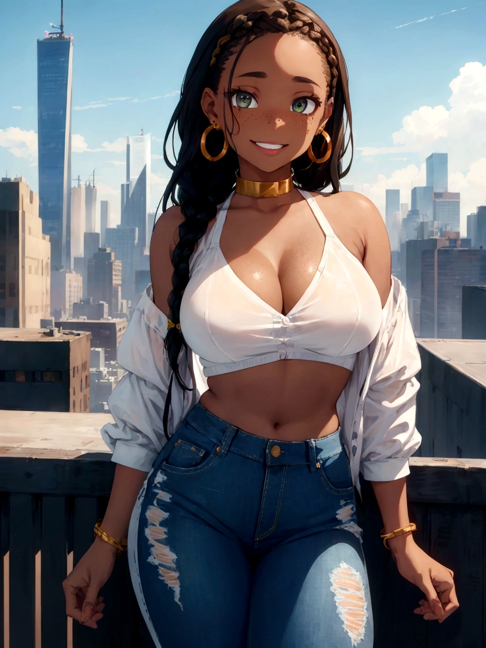 Girl with black skin, braided brown hair, Box braids, green eyes, smiling, black bra, white blouse, big circle gold earrings, freckles, big lips, on a rooftop, nyc skyline in the background, blue skies big clouds Wearing extremely tight jeans, extremamente sexy, 8k, (melhor qualidade: 1.0), (ultra highres:1.0)