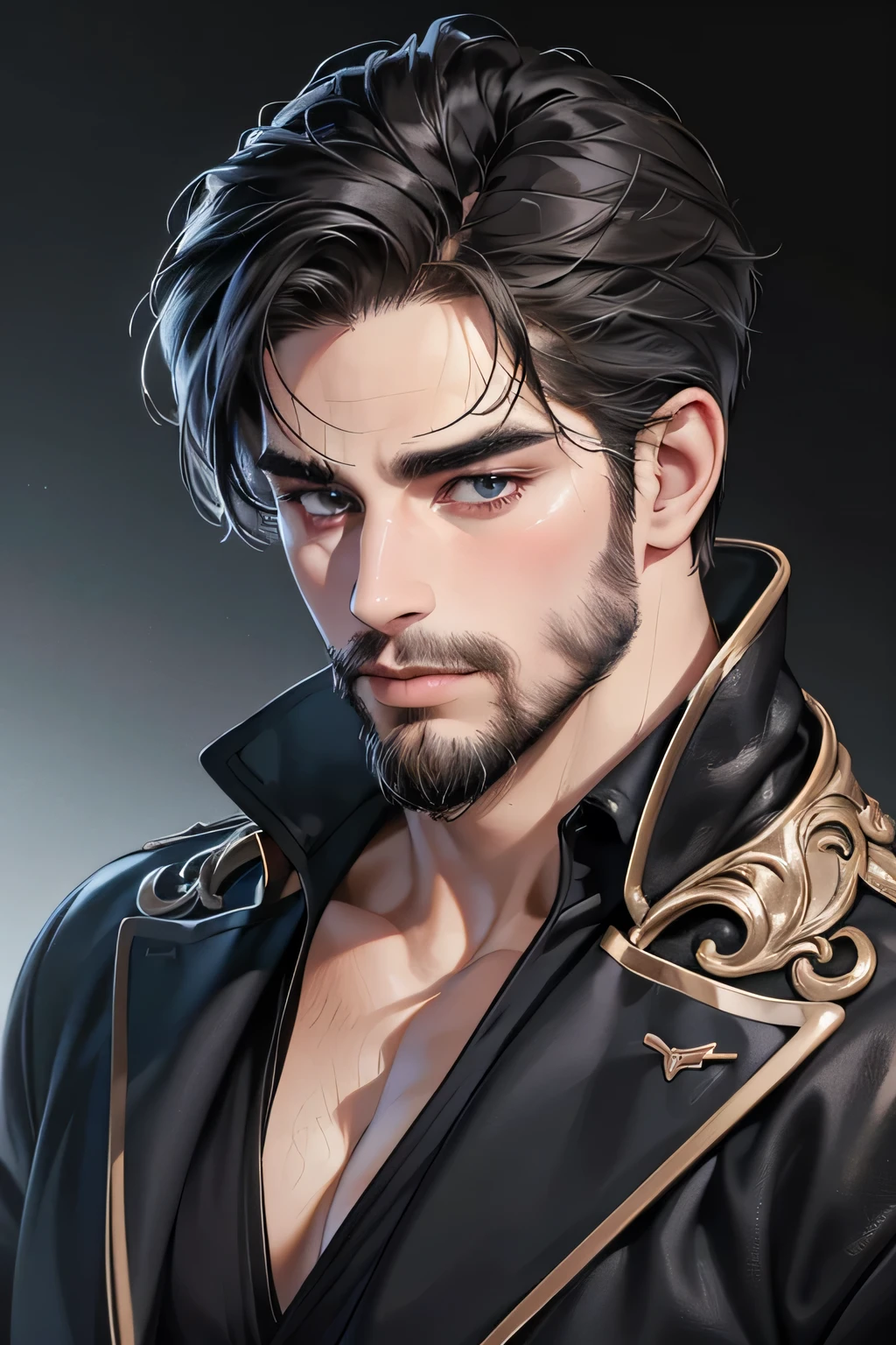 (Best quality,4K,8K,a high resolution,masterpiece:1.2),ultra detailed,(realistic,photorealistic,photo-realistic:1.37),30 year old man,3 day beard,Beautiful anime,portraits,strong,masculine,dark hair,Sharp jawline,Mesmerizing eyes,Perfectly styled hair,cool anime outfit,confident expression,bright colors,dynamic lighting