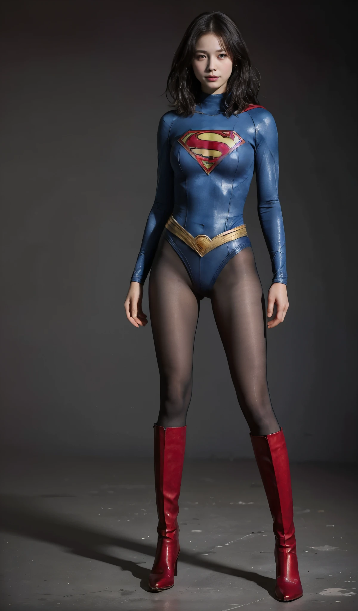 No background、(((Beautiful legs in black tights.)))、(((Legally express the beauty of your smile)))、((((Make the most of your original images)))、(((Supergirl Costume)))、(((Beautiful short bob hair)))、(((suffering)))、(((Please wear black tights....、Wear red boots)))、((Best image quality、8k))、((highest quality、8k、masterpiece:1.3))、(((Preserve background )))、Sharp focus:1.2、Beautiful woman with perfect figure:1.4、Slim Abs:1.2、Wet body:1.5、Highly detailed face and skin texture、8k
