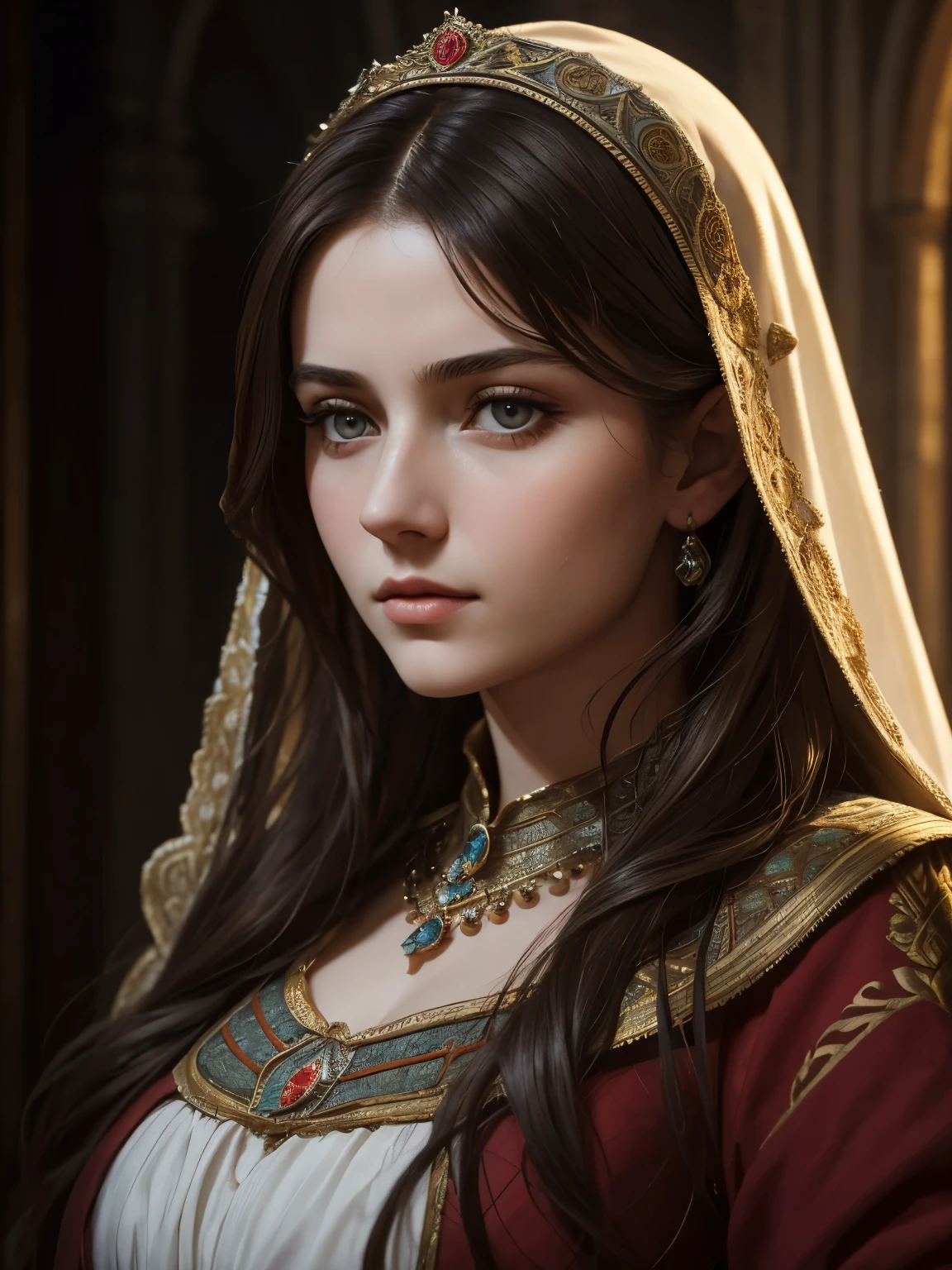 Anna Klevskaya. Middle Ages. medieval. portrait. High quality. dramatic lighting. masterpiece. European woman. serious look. Beautiful face. play of light. tender look. pious. молодое Beautiful face. portrait. cute face. collected hair. 

