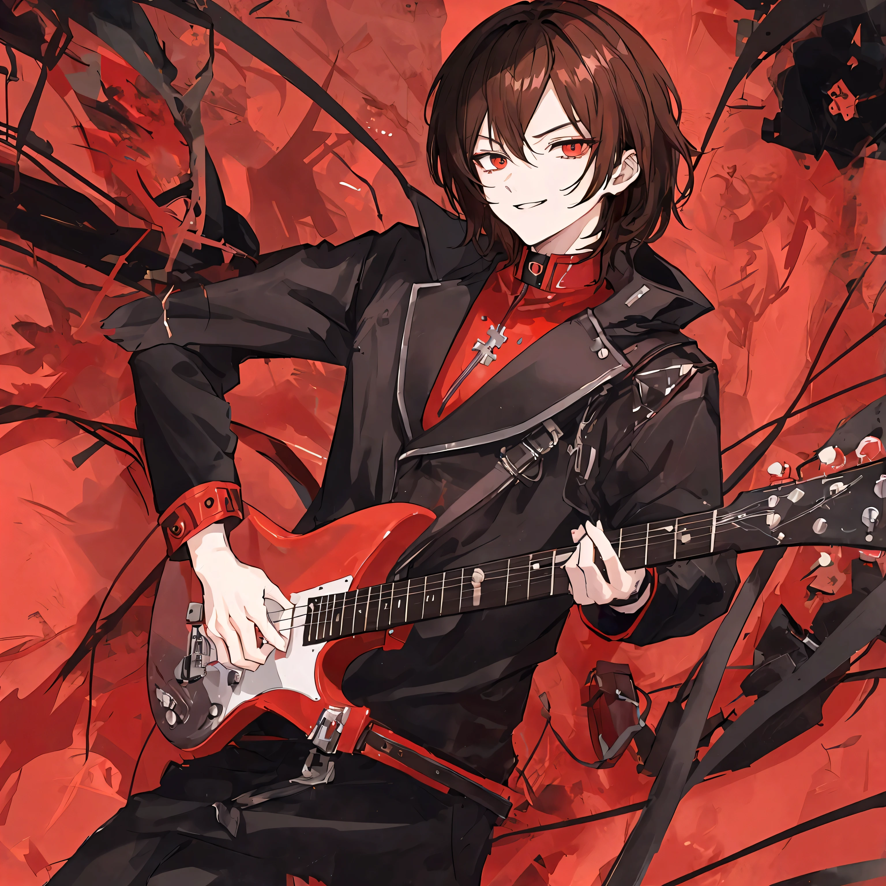 masterpiece, Best quality, Best quality, masterpiece, a high resolution, focus, anime style, black electric guitar, evil smile, BOY, Anime man, Brown eyes, brown hair, Kare, metal worker, black and red design, avatar for discord
