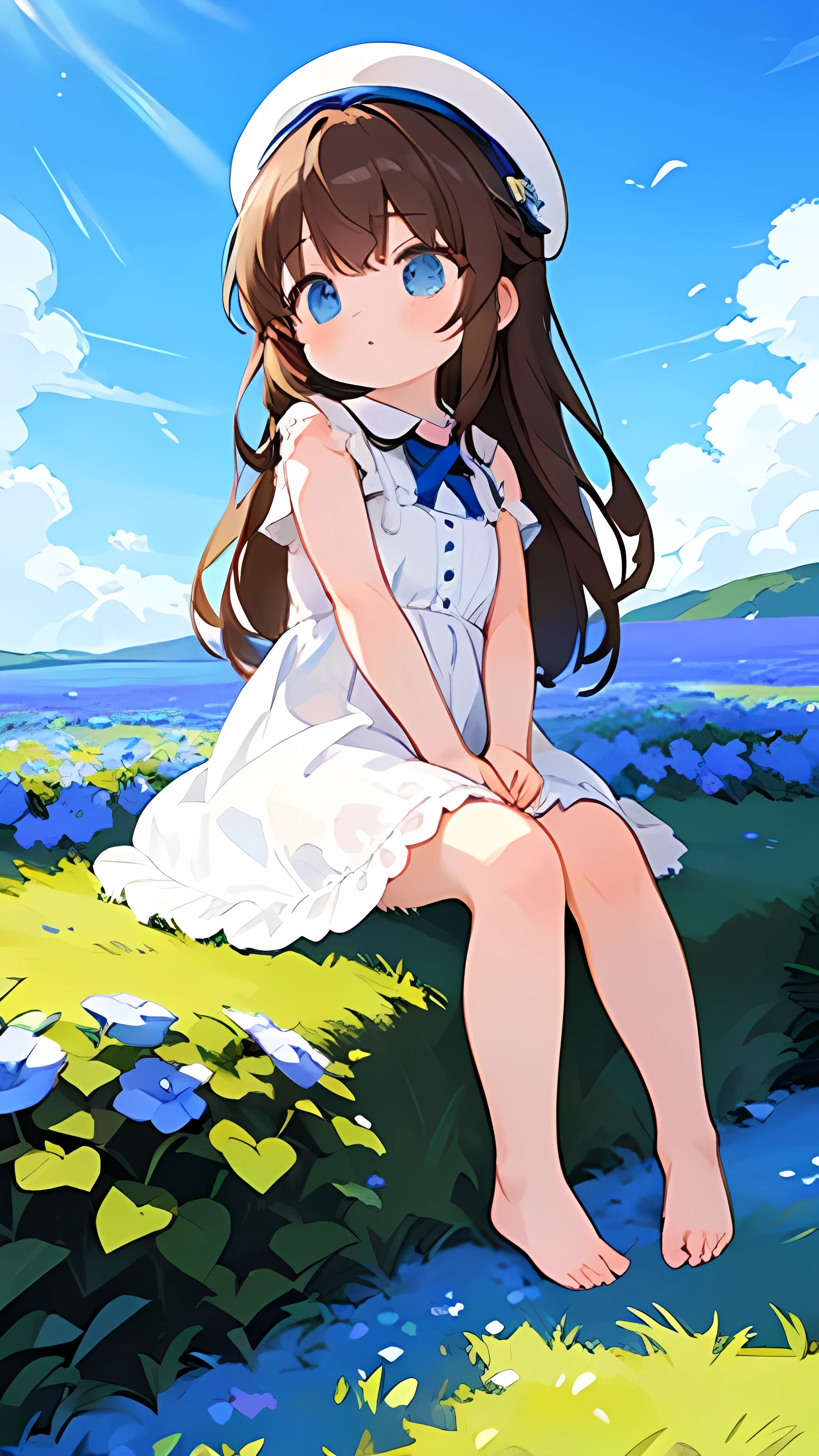 1 girl, white frill dress, blue flower field, sunlight, blue sky, summer, white beret, brown hair, blue eyes, princess long hair, short height, she sits barefoot on flowers,