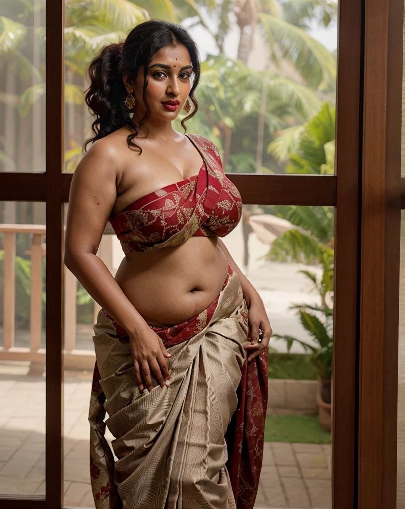 Foto RAW, photorealistic, photography, full body shot, master shot, perfect eyes, goddess like beauty, pierced eyes, perfect thick chubby mallu Desi aunty bhabhi, Wearing a Stanapatta, a chest-band.Saree model, model Photography, Indian saree shoot, Indian traditional wear advertising photography, traditional wear brand shoot, face of Indian actress Sonakshi Sinha, masterpiece, realistic, realism, incredible details, pleasure, photorealism, detailed skin, skin pores, high contrast, photorealistic Artstation 8k HD digital art trend of high definition and detailed realistic skin texture, ultra detail, realistic skin texture, armature, best quality, ultra high definition, (photorealistic:1.4),, high resolution, detail, raw photo, sweat, Re sharp, by Lee Jefferies Nikon D850 Film Stock Photo 4 Kodak Portra 400 Camera F1.6 Lens Rich Color Ultra Real Realistic Realistic Textures Dramatic Lighting Unreal Engine Trending at Art Station Cinestill 800,(pele altamente detalhada: 1.2), 8k UHD, DSLR, soft-lighting, alta qualidade, grain of film, Fujifilm XT3,she didn't like to wear blouse or bra, she is happy to wear only saree, she hates blouse or bra, detailed hairy armpits,
