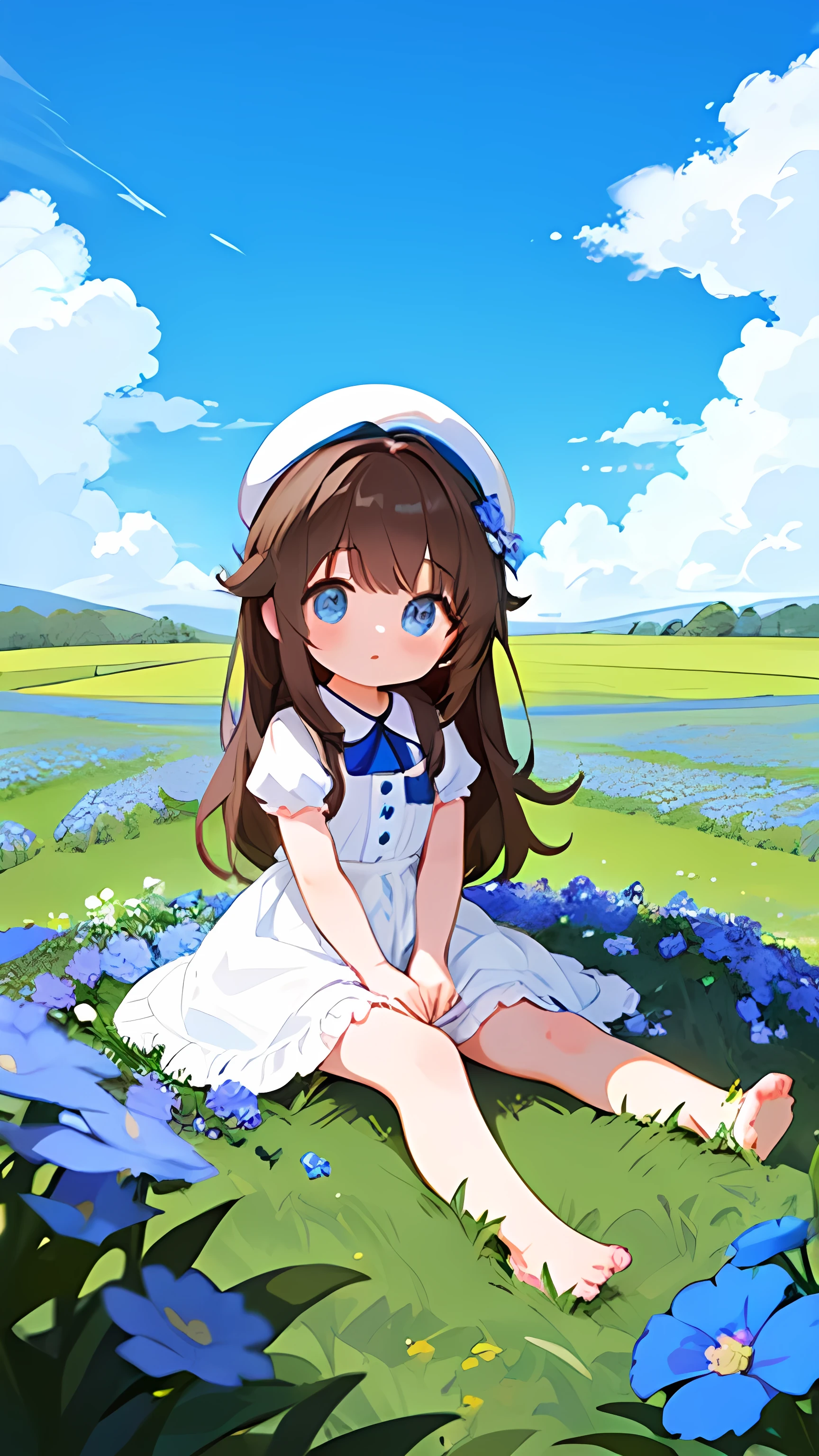 1 girl, white frill dress, blue flower field, sunlight, blue sky, summer, white beret, brown hair, blue eyes, princess long hair, short height, she sits barefoot on flowers,