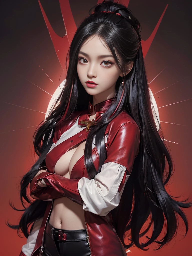 (best quality,4k,high resolution), Cool Girl、((Long straight black hair with red highlights、Red Jacket,Beautifully decorated、Umbilicus、Cross straps、Tight leather pants、))、Full body projection、Buttons、Battle scenes、Sharp eyes、glare、Red Eyeliner、Long eyelashes、Beautiful red eyes、Funny description、Kawaii illustration、Bustling background、