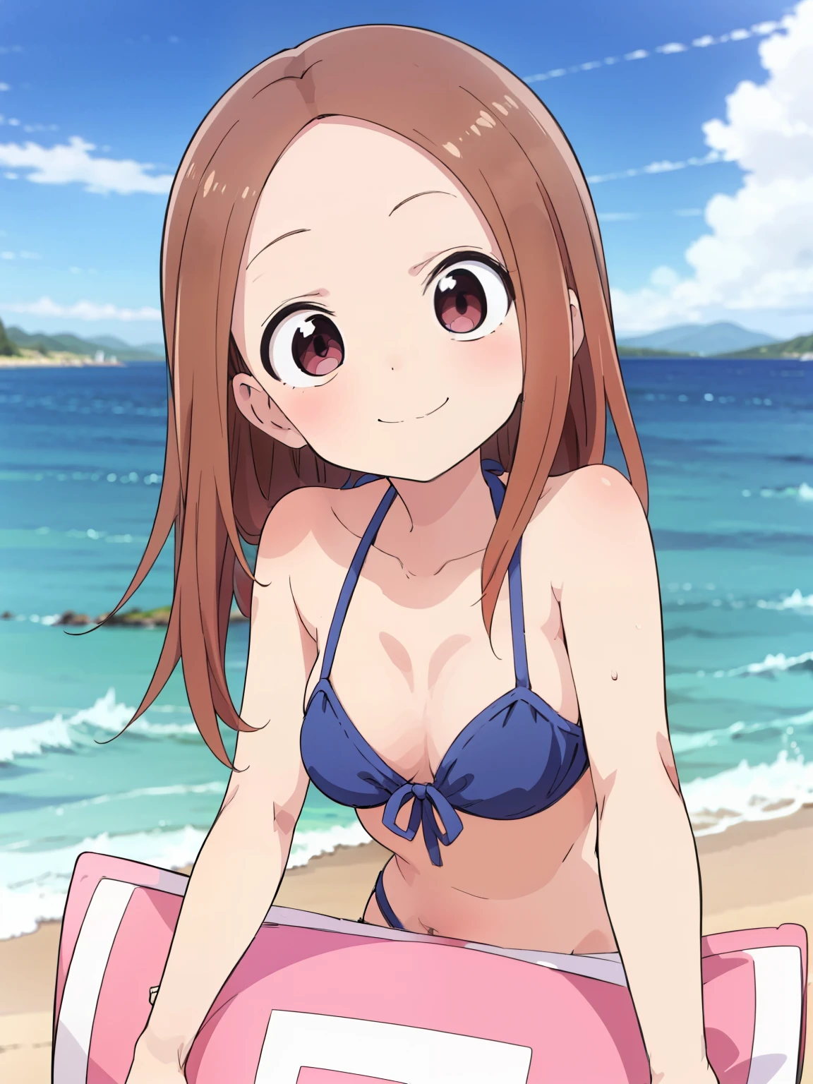 Anime Girls in a bikini on the beach with a blue sky, Cute girl anime visuals, Anime Best Girl, nagatoro, marin kitagawa fanart, Female Anime Characters, (Anime Girls), beautiful Anime Girls, Official anime stills, pretty Anime Girls, Beautiful and attractive anime teen, attractive Anime Girls, Long Hairのイリヤ・クフシノフ, cute Anime Girls, Takagi-san, masterpiece, Perfect lighting, (beautiful, Best Quality:1.3), Perfect Eyes, Disorganized, 8k,
One girl, sunamente, (Disorganized), Let me explain in detail,  They're laughing, 
Takagi-san, whole body, Long Hair, ((Pink Eyes)), [Black Hair: Bright Eyes],  Multicolored Hair, Blue Hair, fringe, Five Fingers, つやのある茶髪
beautiful, bikini, (ブルーのbikini), セクシーなbikiniデザイン, Selfie, foto Selfie, He tilted his head., smile, Make your nose red, Sea in the background, daily, sun, Shiny body. 