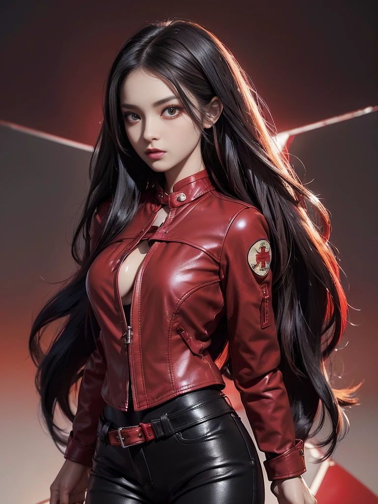 (best quality,4k,high resolution), Cool Girl、((Long straight black hair with red highlights、Red Jacket,Beautifully decorated、Umbilicus、Cross straps、Tight leather pants、))、Full body projection、Buttons、Battle scenes、Sharp eyes、glare、Red Eyeliner、Long eyelashes、Beautiful red eyes、Funny description、Kawaii illustration、Bustling background、