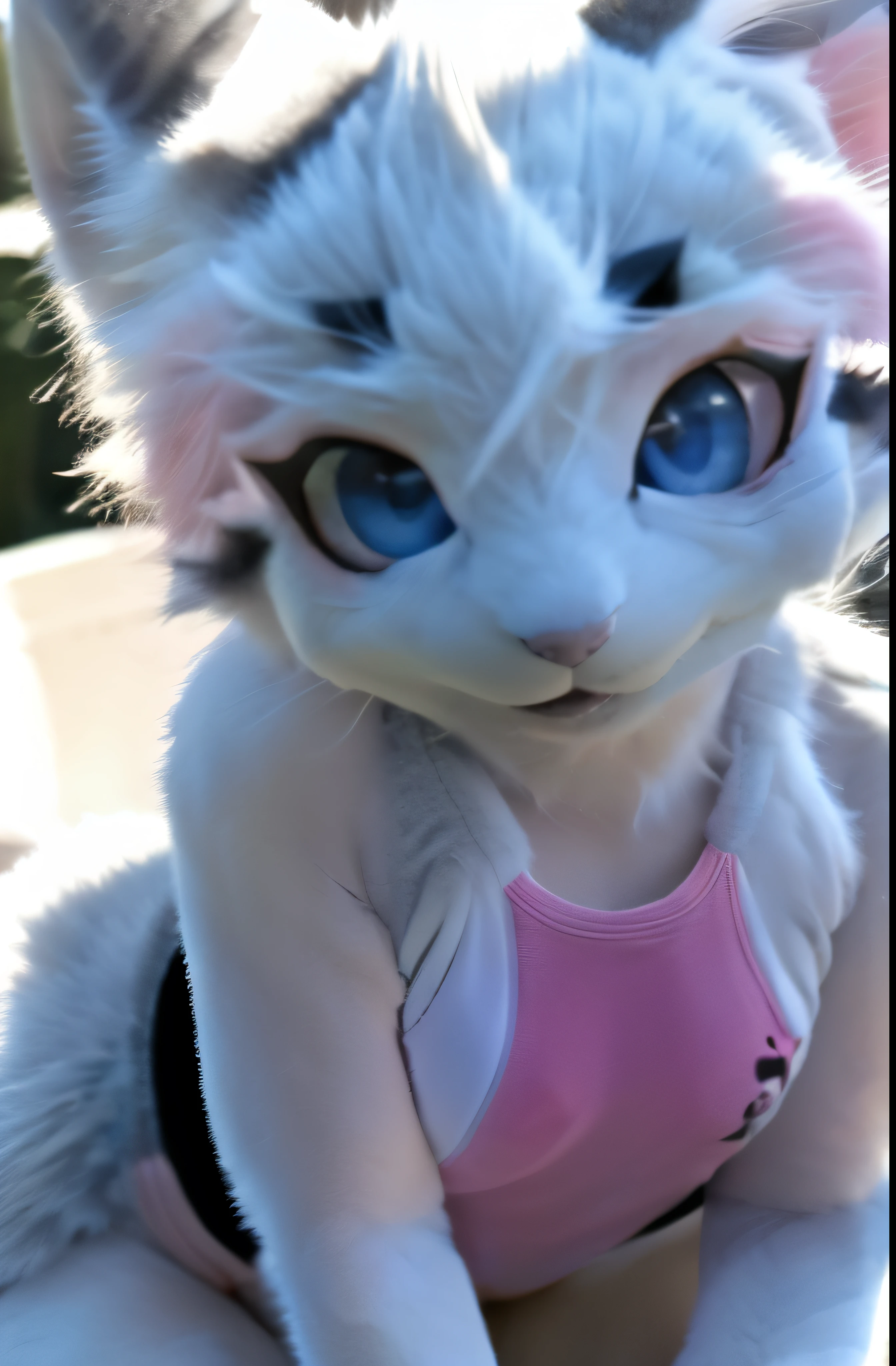 [kemono], (((closeup))), ((large boobs)), {female anthro wolf; (fur), furry, ((gorgeous hips)), ((detailed fur)), ((detailed shading)), curvy body, ((HD)), ((furry art)), ((front view)), ((beautiful legs)), ((masterpiece)), ((portrait)), ((sitting on viewer)), visible snout, sexy face, big eyes, suggestive, handjob pov, butt on bed, (light blue eyes), ((pink, white and black fur)), multiple persons, 1female, 1male, {clothing; (red one-piece swimsuit), (hands on body)