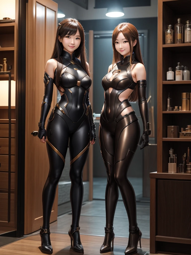 female 脸仍然是一个人类female人 The torso is metal Stand and smile Laboratory-like room Full body portrait