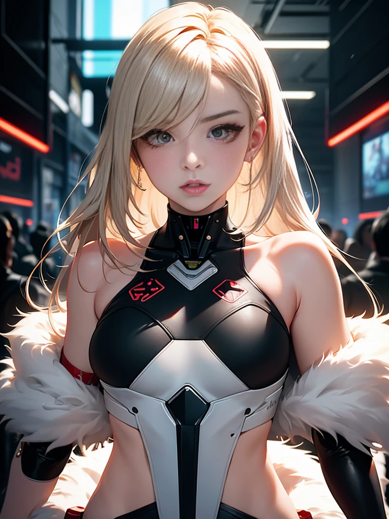 optimal,masterpiece,High resolution,Best quality,Ultra HD,Super Detail,The award-winning,16K,solo,(Upper part of the body),Anatomically correct,Beautiful cyberpunk girl,cute face,,Beige Gradient Hair,hairline,((Scarlet eyes)),Long eyelashes,Drooping corners of the eyes,White skin,(Kobayashi body),((Women's ultra short shawl leather jacket)),((Racing_Set)),((Front high back low_long skirt)),Earrings,(Neck Ring),(Laser material clothing:1.2)