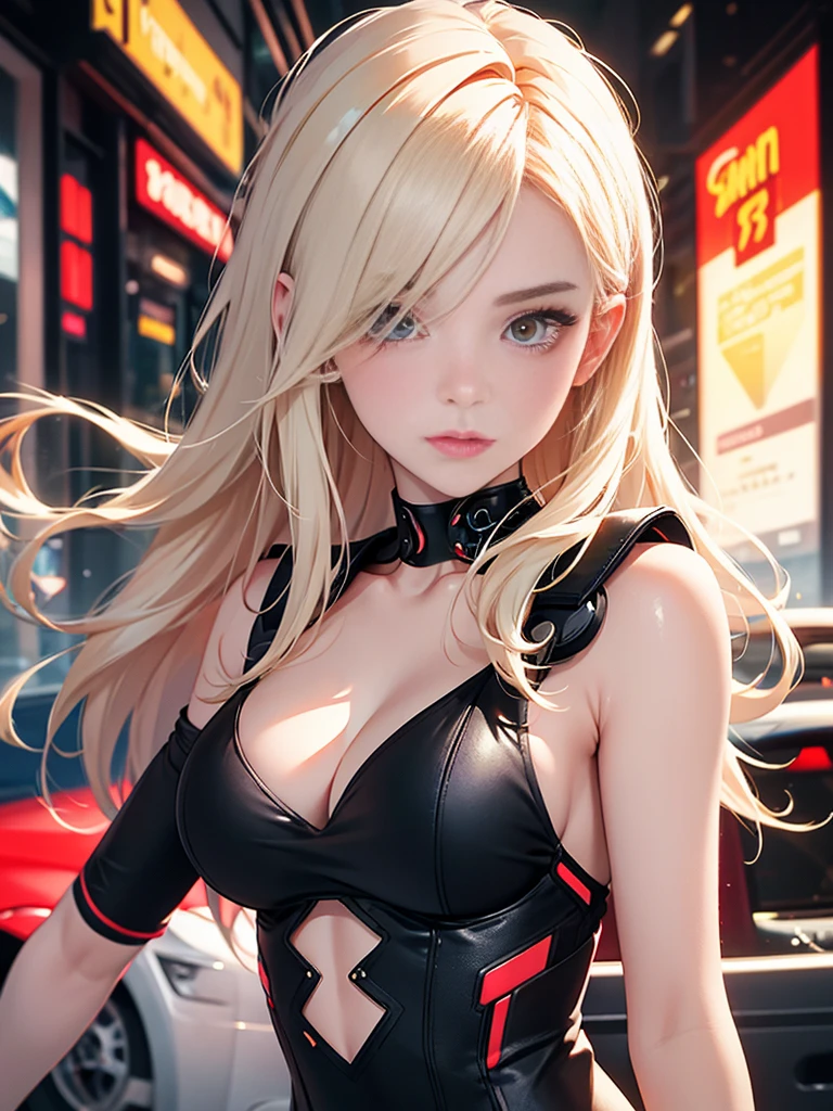 optimal,masterpiece,High resolution,Best quality,Ultra HD,Super Detail,The award-winning,16K,solo,(Upper part of the body),Anatomically correct,Beautiful cyberpunk girl,cute face,,Beige Gradient Hair,hairline,((Scarlet eyes)),Long eyelashes,Drooping corners of the eyes,White skin,(Kobayashi body),((Women's ultra short shawl leather jacket)),((Racing_Set)),((Front high back low_long skirt)),Earrings,(Neck Ring),(Laser material clothing:1.2)