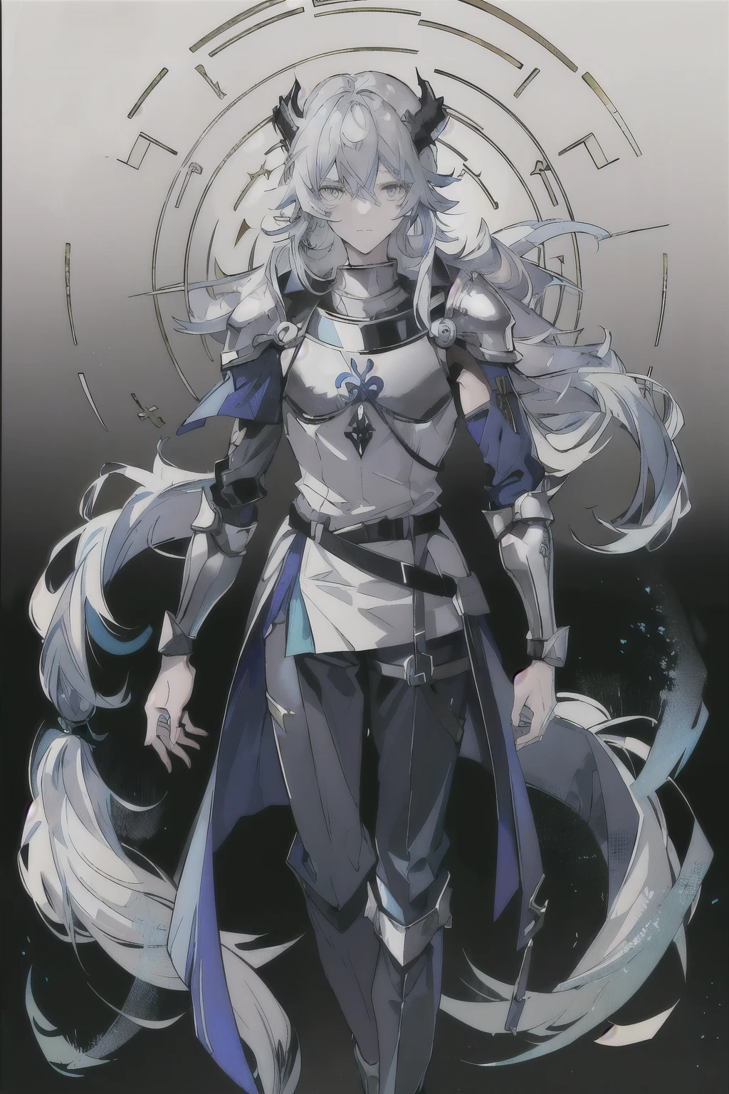 an anime man 1.80 tall (long silver hair) with (green eyes) with (a scar on his forehead in x) and (several runes on his body with a blue color but the most striking is one that resembles a dragon in your back) 

clothes (he wears a torn cloak and a breastplate together and shoulder pads made of old plates with a symbol of two dragons) (black coats)