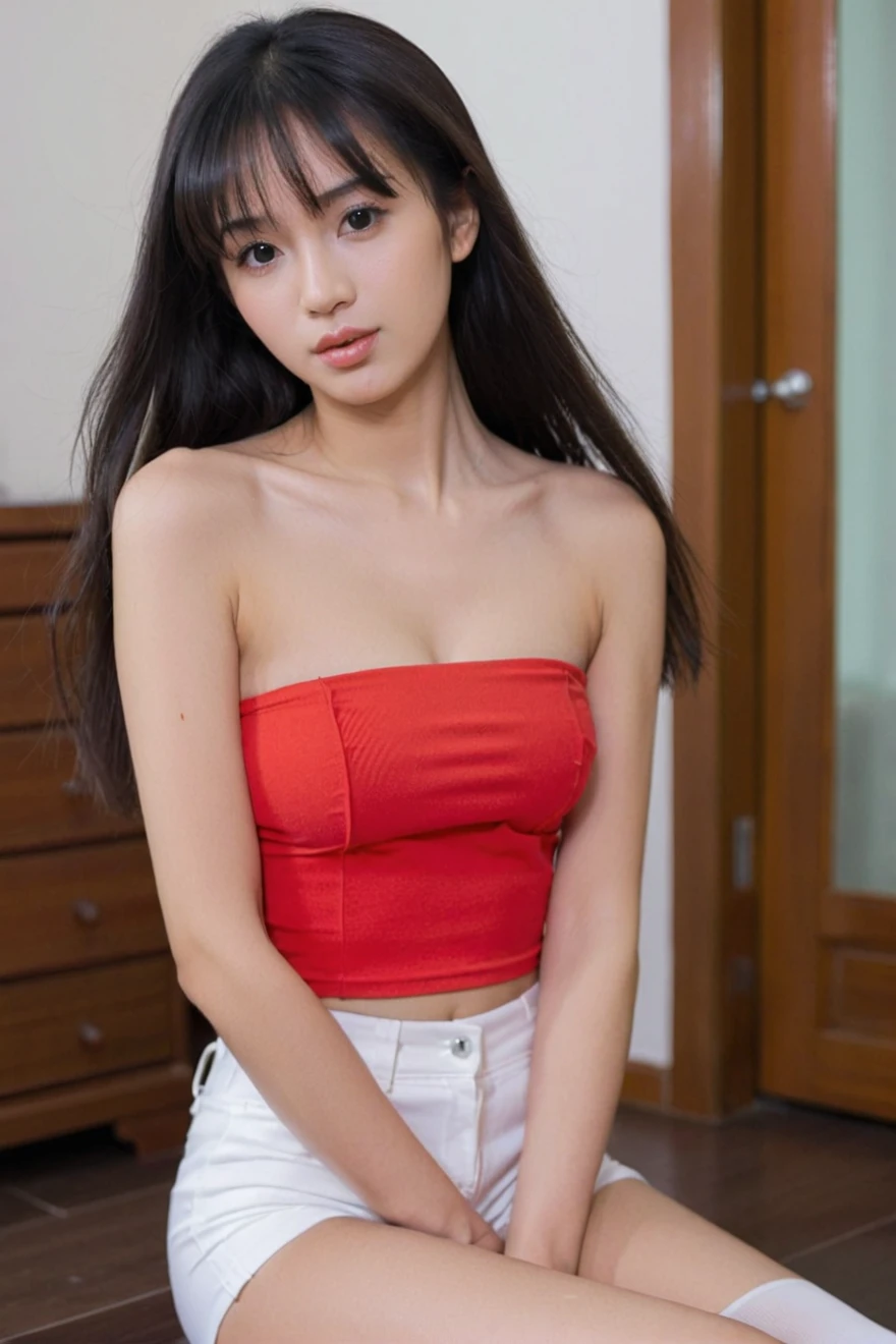 close-up of beautiful Indonesian, Maria Vania is a Indonesian presenter and model, youthful face, white skin body, perfect body, long hair, black hair, straight hair, thick flat bangs cut, 36 inches breasts size, wearing a tight light red strapless tube top, wearing a tight light white short legging pants, Vania holding breasts with her own two hands is very sexy, I held my very long hair delicately, then I held the scissors in my right hand, then cut my hair and bangs using the scissor tool while sighing and sexy, strand after strand of Vania's hair fell, pieces of Vania's hair now filled the floor around where she was sitting, strand after strand of Vania's hair fell down, pieces of Vania's hair now filled the floor around where she was sitting, sexy looking pose, pose a naughty look, at a boyfriend bedroom, UHD