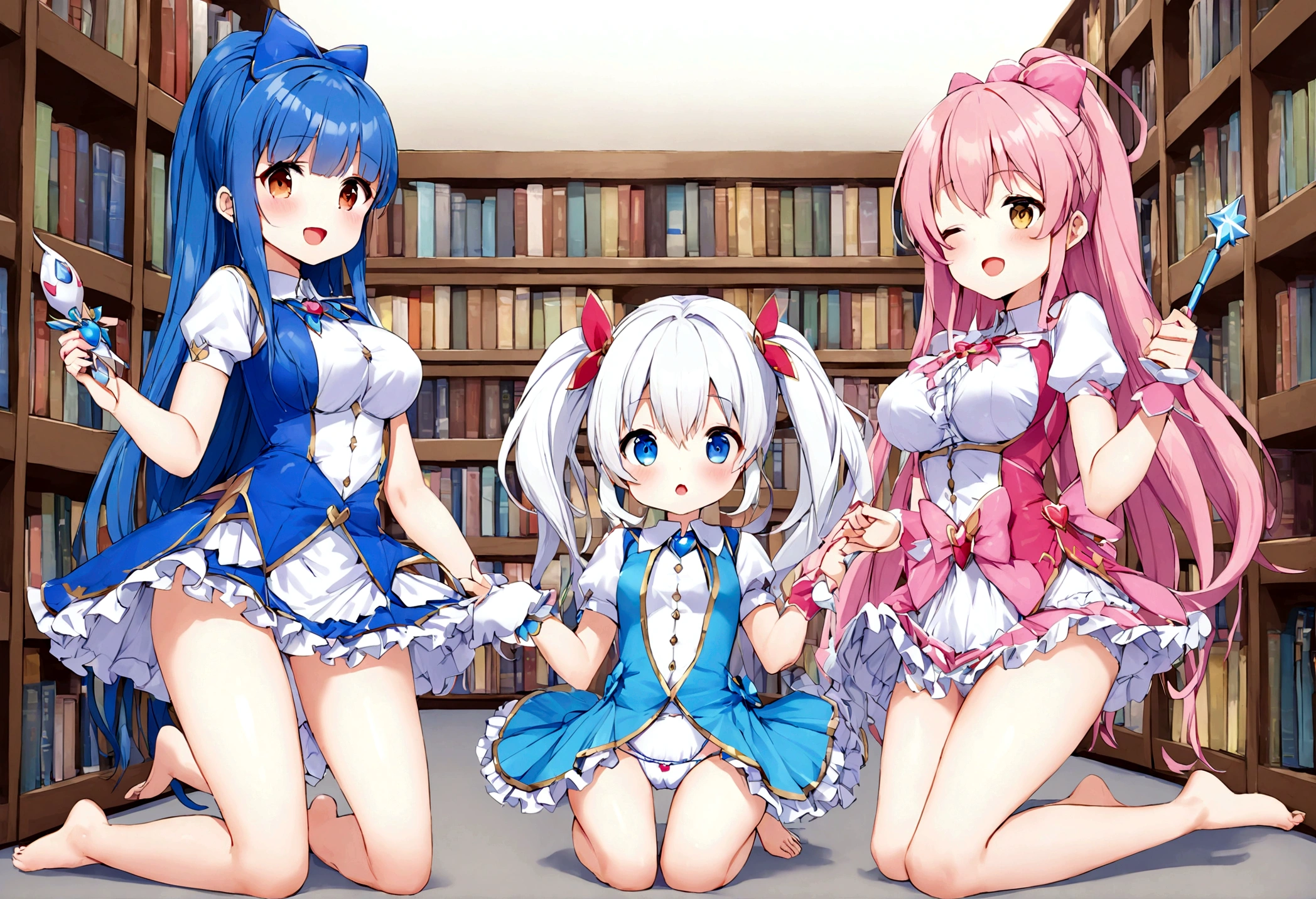 Plain white with breasts highlightedTshirt、Ultramarine and white striped mini skirt、White frilly cute underwear is visible when the skirt is lifted、barefoot、library、Three girls with different heights、Magical girl with a magic wand