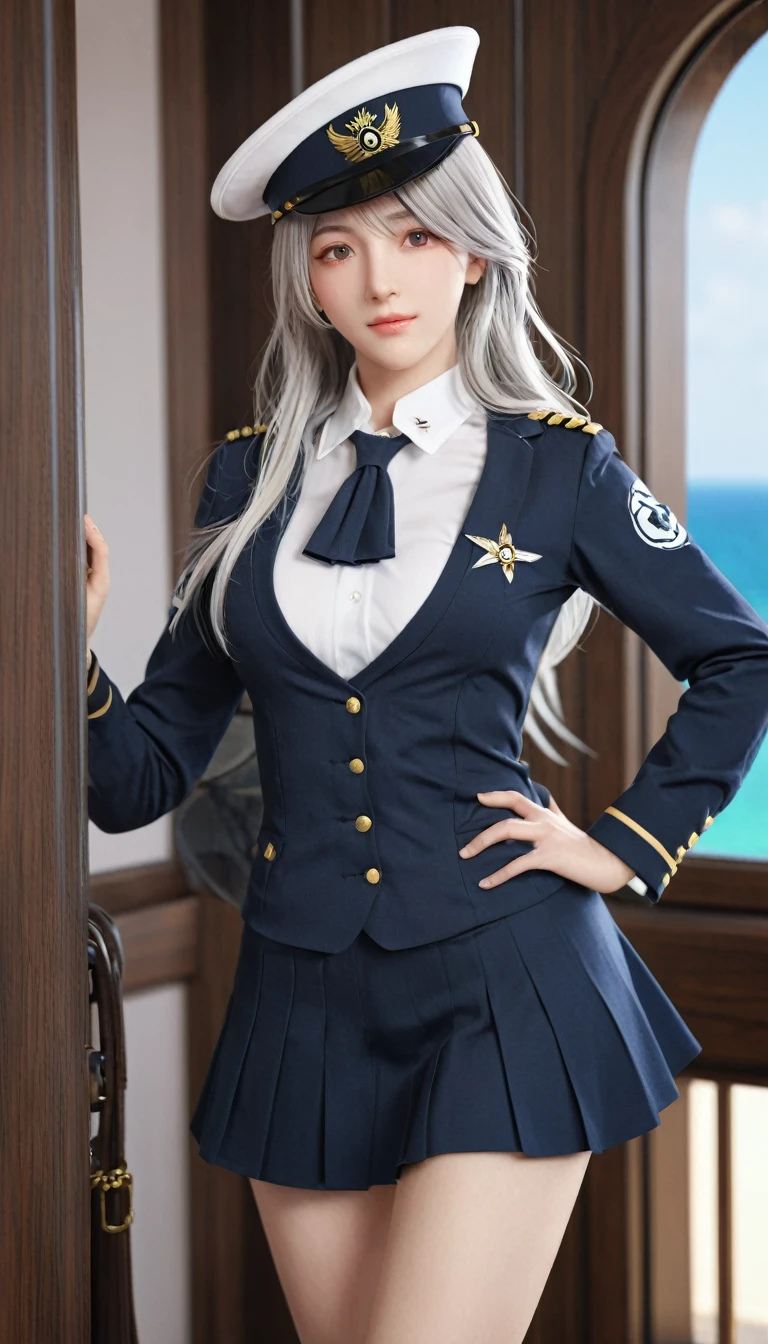 Frederick the Great (Azur Lane:0.5), Breast sagging, Uniform, whole body, (Everlasting), indoors, outdoor, Model shooting style, masterpiece, detailed, high quality, Be focused, Dramatic, Realistic Art, posture, Express, leg, (extremely detailed CG unity 8k wallpaper), Professional Majestic Oil Paintings by Ed Blinkey,