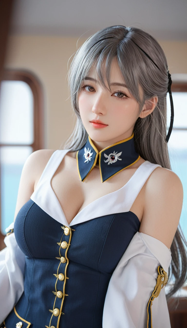 Frederick the Great (Azur Lane:0.5), Breast sagging, Uniform, whole body, (Everlasting), indoors, outdoor, Model shooting style, masterpiece, detailed, high quality, Be focused, Dramatic, Realistic Art, posture, Express, leg, (extremely detailed CG unity 8k wallpaper), Professional Majestic Oil Paintings by Ed Blinkey,