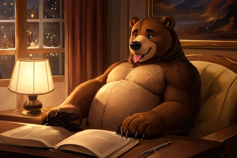 A full-bodied, rotund male bear is seen in a solo scene, indulging in a private moment. His fur is thick and glossy, a deep honey brown color, covering a muscular frame. His face carries a pleasured expression, with delicate features and expressive, bright eyes that sparkle with desire. His large paws, each with intricate claw detailing, rest on his rounded belly, as he focuses intently on the task at hand. The setting is a dimly lit room, with the only light source being a soft, warm glow emanating from a nearby lamp, casting an invitingly cozy atmosphere. The scene exudes a sense of realism, tongue out