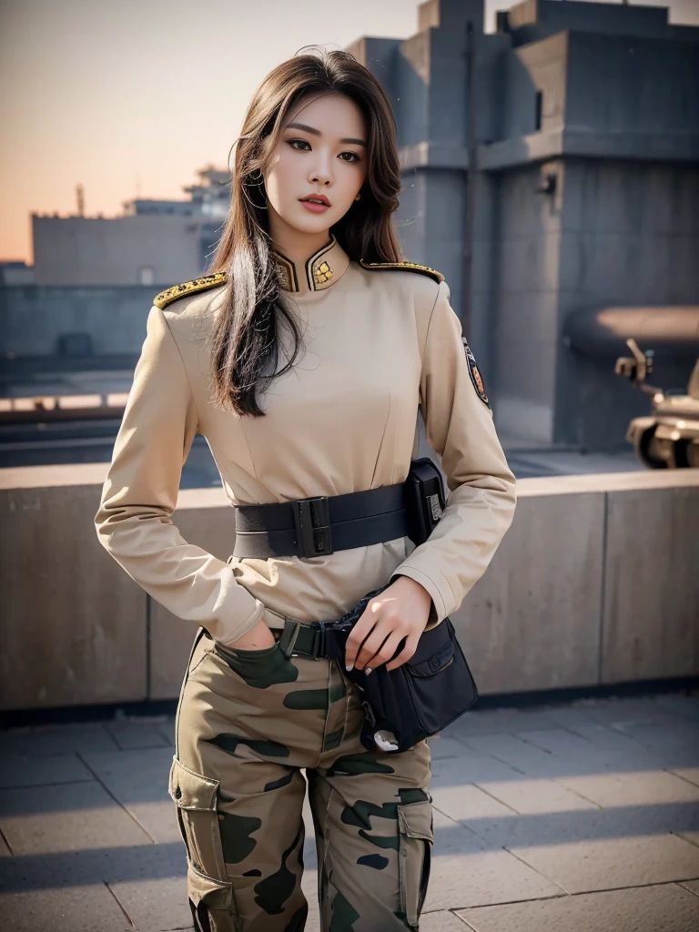 Fashion female model 18 years old ，He has a submachine gun in his hand，The firelight illuminated her face，，Divine eye，Sexy lips，high nose，Human Development Report，girl，(((沙漠迷彩Uniform)))，Uniform，Military belt，Tactical camouflage pants，Delicate face，Sexy highlighted，，Breast augmentation，Buttocks fat，The background is the Middle East battlefield，Smoke，Fire rushed into the sky，combustion，City ruins，4K Ultra HD, Ultra-high resolution, (lifelike: 1.4), best quality，masterpiece，Professional photography。