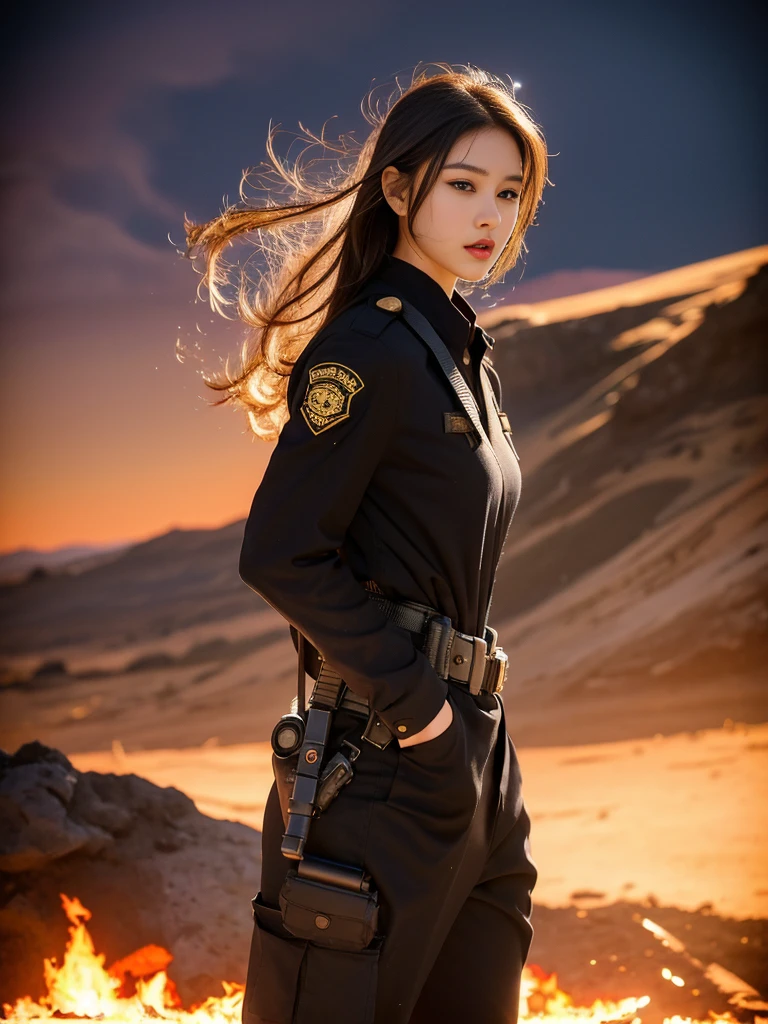 Fashion female model 18 years old ，He has a submachine gun in his hand，The firelight illuminated her face，，Divine eye，Sexy lips，high nose，Human Development Report，girl，(((沙漠迷彩Uniform)))，Uniform，Military belt，Tactical camouflage pants，Delicate face，Sexy highlighted，，Breast augmentation，Buttocks fat，The background is the Middle East battlefield，Smoke，Fire rushed into the sky，combustion，City ruins，4K Ultra HD, Ultra-high resolution, (lifelike: 1.4), best quality，masterpiece，Professional photography。