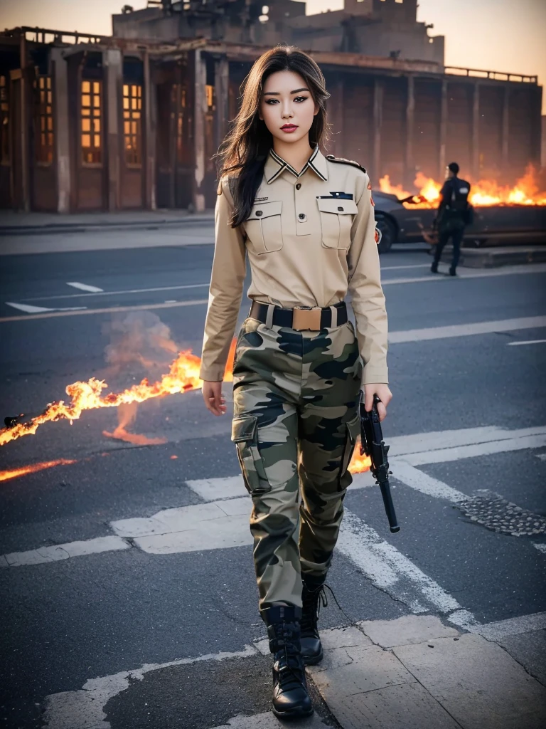 Fashion female model 18 years old ，He has a submachine gun in his hand，The firelight illuminated her face，，Divine eye，Sexy lips，high nose，Human Development Report，girl，(((沙漠迷彩Uniform)))，Uniform，Military belt，Tactical camouflage pants，Delicate face，Sexy highlighted，，Breast augmentation，Buttocks fat，The background is the Middle East battlefield，Smoke，Fire rushed into the sky，combustion，City ruins，4K Ultra HD, Ultra-high resolution, (lifelike: 1.4), best quality，masterpiece，Professional photography。