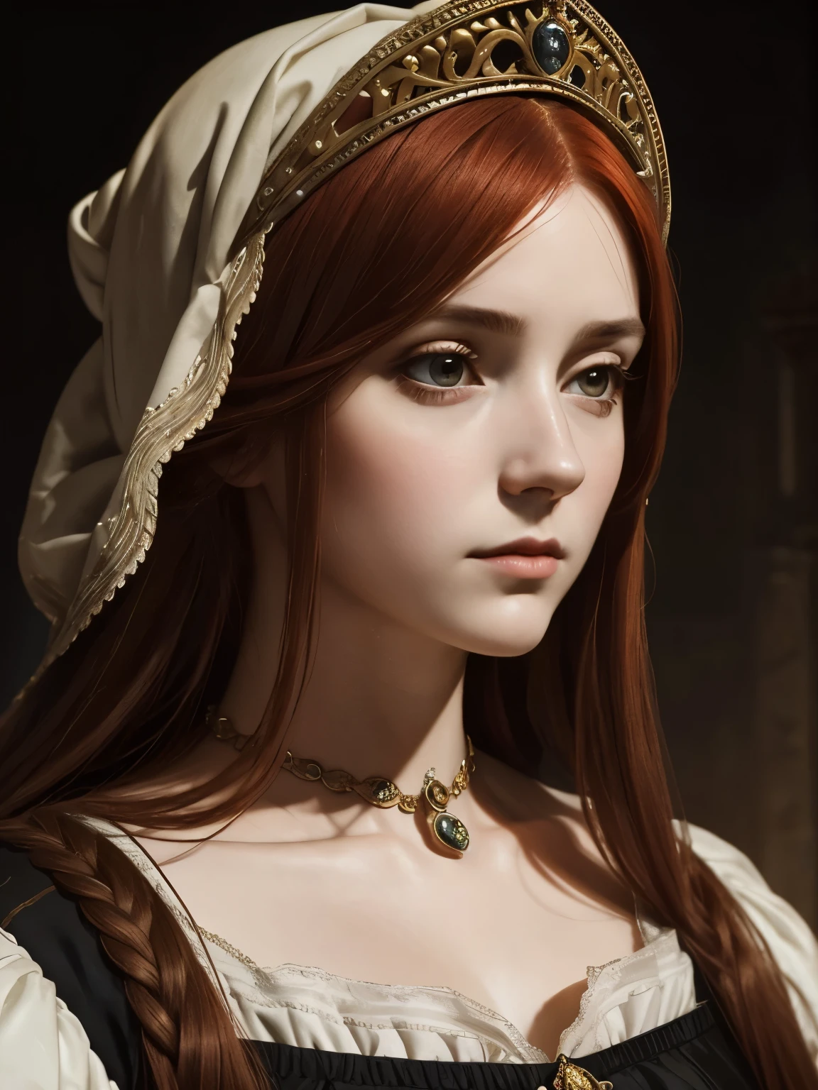 Catherine of Aragon. average age. portrait. High quality. dramatic lighting. masterpiece. European woman. serious and noble look. Beautiful face. play of light. arrogant look. redhead

