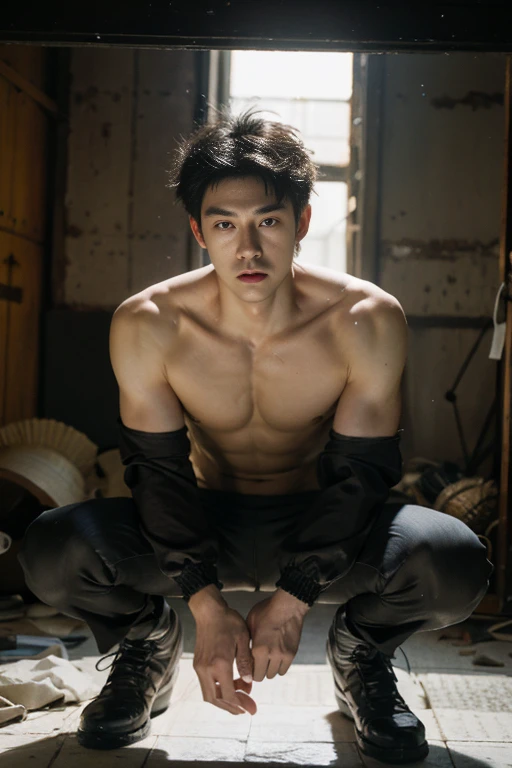 top-quality、masterpiece、超A high resolution、(realisitic:1.4)、Detailed face、solo、1human male、The upper part of the body、Dark hair、glistning skin、dense skin、((asian human))、architectural、(absurderes、hight resolution、ultra-detailliert)、、1 male、Adults、(20-year-old man)、tall muscular man、broad shoulder、extra very short hair、angular jaws、thick neck、thick eyebrow、((extra very short hair))、A dark-haired、fine eyes and detailed face、 Highly detailed CG Unity 8K wallpapers、intricate-detail、(Style Swirl Magic:0.7)、looking at the spectator、solo、(full body Esbian:0.6)、Detailed background、A detailed face、dynamicposes、、Urban background、dynamic compositions、 big muscle、、(((Crotch bulge)))、 ((masutepiece:1.4, Best Quality)), ((masutepiece, Best Quality)), (photographrealistic:1.4)、(((soldier)))、vests、 Pubic hair, Open legs, Arms raised and crossed behind the back, abdominals, ((Erection 1.2)), emphasis, (Moccoli: 1.4), (Manly chest plate)), Sweating,, Blood vessels in the arm、3D,shitu-mecha, Beautiful cyberpunk man with mech in the ruins of an abandoned war city, Ancient Technology,nffsw(HighDynamicRange),Ray Tracing,NVIDIA RTX,Hyper-Resolution,Unreal 5,Sub-surface scattering,PBR Texturing,Postprocess,Anisotropy Filtering,depth of fields,Maximum clarity and sharpness,multi-layer texture,Albedo and specular maps,Surface Shading,accurate simulation of light and material interactions,perfectly proportions,octane renderings,two tone lighting,Low ISO,White Balance,thirds rule,Wide aperture,8K Raw,Efficient Subpixel,sub-pixel convolution,Luminescent particles,light scattering,ray gun,M-shaped legs are spread、squatting