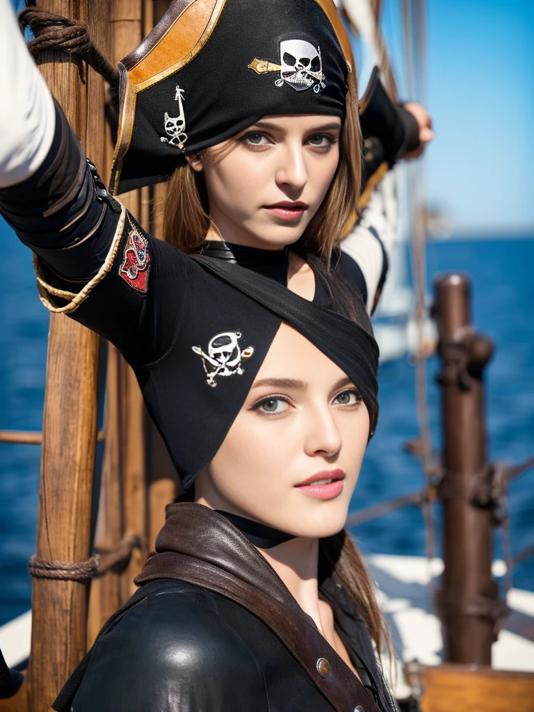 23-year-old fashion model [[[[Tight cracks]]]], [[[[]]]], [[[[call]]]], [[[[Shoulder]]]], Perfect eyes, Perfect iris，Perfect lips，Perfect Teeth，Perfect skin，Has fair skin.，HDR，Leather Girl，(((Beautiful pirate girl)))，(Delicate face)，(HD face)，Delicate face，(((Black Pirate Costume)))，(((Black pirate hat)))，(Increase sexiness)，(Long legs:1.3)，(Full body image），(on board)，Ship flag，4K Ultra HD, Ultra-high resolution, (Practical: 1.4), best quality，masterpiece，（Soft colors：1.2）
