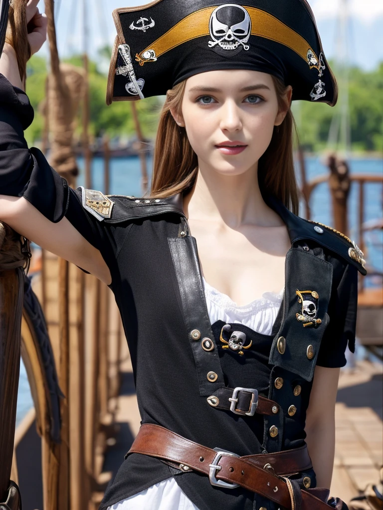 23-year-old fashion model [[[[Tight cracks]]]], [[[[]]]], [[[[call]]]], [[[[Shoulder]]]], Perfect eyes, Perfect iris，Perfect lips，Perfect Teeth，Perfect skin，Has fair skin.，HDR，Leather Girl，(((Beautiful pirate girl)))，(Delicate face)，(HD face)，Delicate face，(((Black Pirate Costume)))，(((Black pirate hat)))，(Increase sexiness)，(Long legs:1.3)，(Full body image），(on board)，Ship flag，4K Ultra HD, Ultra-high resolution, (Practical: 1.4), best quality，masterpiece，（Soft colors：1.2）