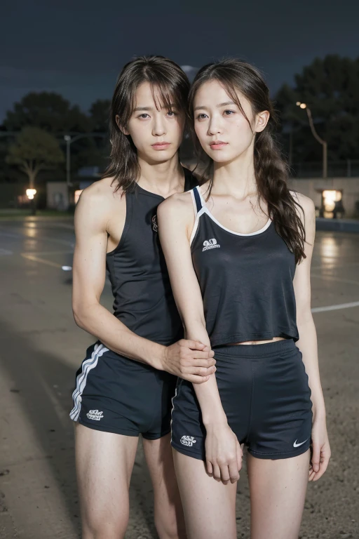 Night,A boy and a girl standing together,By the River,Long-range shooting,(Original Photography:1.3),athlete,1 Girl, Perfect body, Beautiful face,Very detailed details of the face,Messy black hair, Smart eyes,Sweating,Cleavage,Sexy bulge,Track and field wear, sports Shorts,Long legs,sports shoes,Soaked,Standing,
