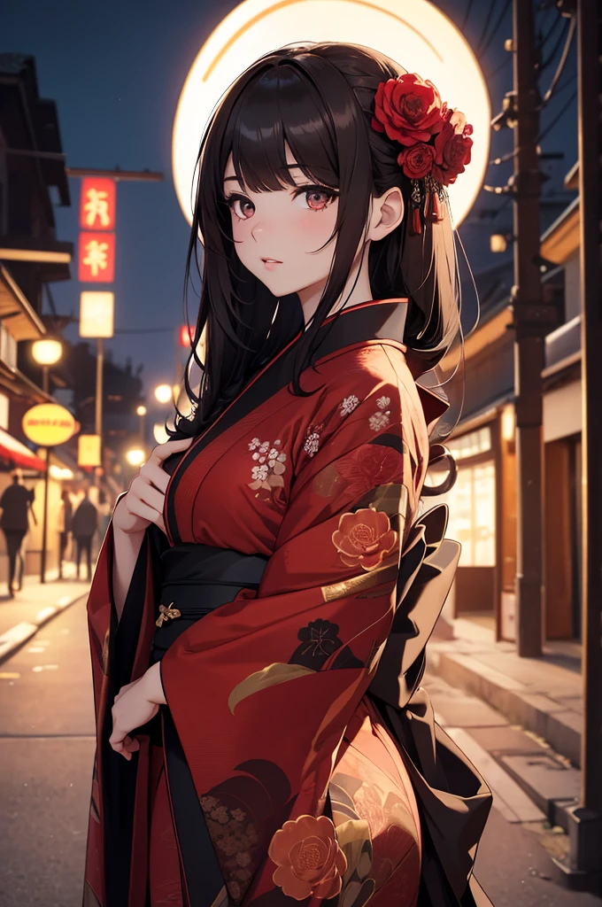 8K, Best Quality, Masterpiece, Ultra High Resolution, 1 Girl, Beautiful Eyes, Face Details, Black Hair, Tied Up Hair, Reddish Brown Eyes, Slim Curvy, Black Kimono, Red Flower Pattern Kimono, Standing Outside at Night, Pale Skin, Masterpiece, Best Quality, Upper Body, Looking at the Viewer, Close Up