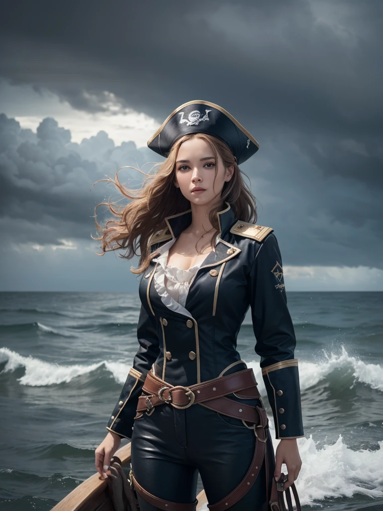 (masterpiece, best quality, The award-winning, High resolution), 1 beautiful female pirate, Skinny, High, cap, Complex clothing, Complex and beautiful design, Very detailed beautiful face, curls, detailed flowing hair, standing at helm on Corsair, Corsair, storm, rain, stormy sea, Detailed background, Water splash, Extremely detailed CG, Super detailed